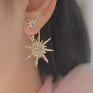 1 Pair Lady Crystal Dangle Gold Star Ear Earring